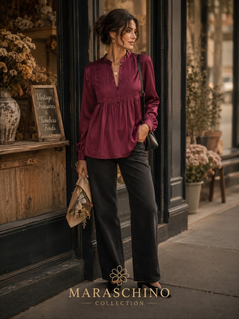 Oleg Cassini Maroon Pleated Satin Blouse | Size L